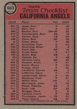 1981 Topps #663 California Angels / Jim Fregosi Back