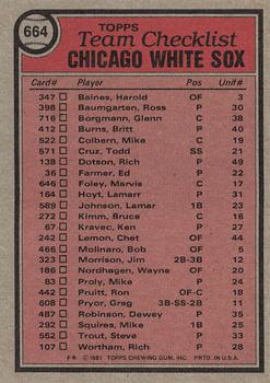 1981 Topps #664 Chicago White Sox / Tony LaRussa Back