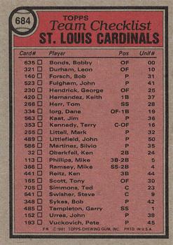 1981 Topps #684 St. Louis Cardinals / Whitey Herzog Back