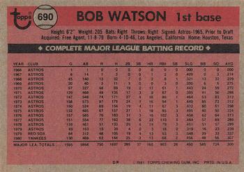 1981 Topps #690 Bob Watson Back