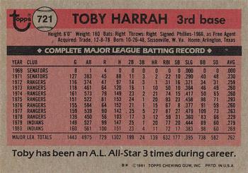 1981 Topps #721 Toby Harrah Back