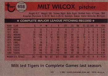 1981 Topps #658 Milt Wilcox Back