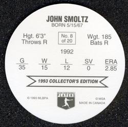 1993 Ben's Bakers Super Pitchers Discs #8 John Smoltz Back