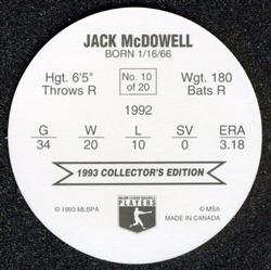 1993 Ben's Bakers Super Pitchers Discs #10 Jack McDowell Back