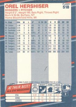 1988 Fleer - Glossy #518 Orel Hershiser Back