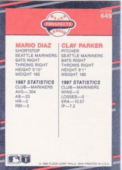 1988 Fleer - Glossy #649 Mario Diaz / Clay Parker Back