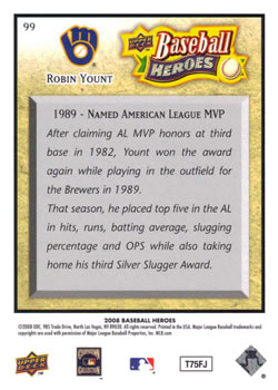 2008 Upper Deck Baseball Heroes #99 Robin Yount Back