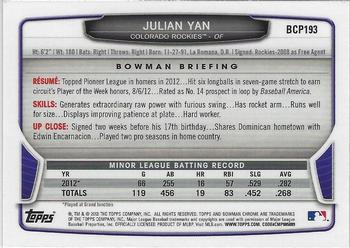 2013 Bowman Chrome - Prospects #BCP193 Julian Yan Back