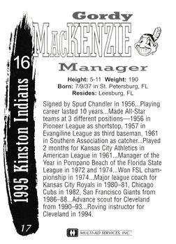 1995 Multi-Ad Kinston Indians #17 Gordy MacKenzie Back