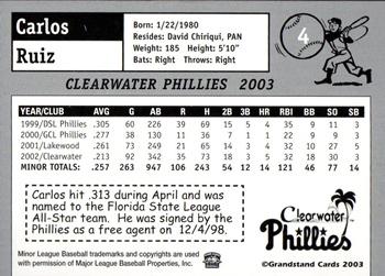 2003 Grandstand Clearwater Phillies #NNO Carlos Ruiz Back