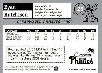 2003 Grandstand Clearwater Phillies #NNO Ryan Hutchison Back