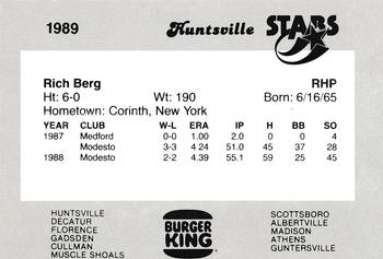 1989 Burger King Huntsville Stars #NNO Rich Berg Back