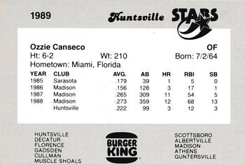 1989 Burger King Huntsville Stars #NNO Ozzie Canseco Back