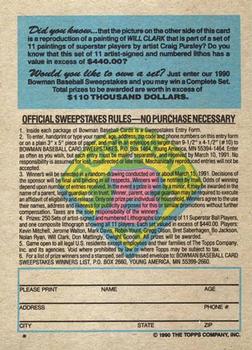 1990 Bowman - Sweepstakes #NNO Will Clark Back