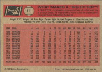 1981 Topps Drake's Big Hitters #11 Steve Garvey Back