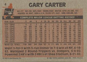 1983 Topps Drake's Big Hitters #4 Gary Carter Back