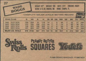 1986 Drake's Big Hitters #27 Wade Boggs Back