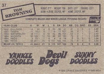 1986 Drake's Big Hitters #37 Tom Browning Back