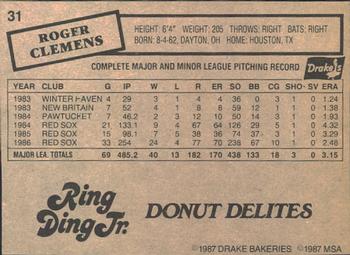 1987 Drake's Big Hitters Super Pitchers #31 Roger Clemens Back