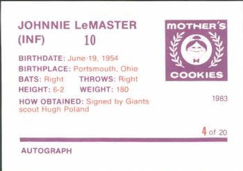 1983 Mother's Cookies San Francisco Giants #4 Johnnie LeMaster Back