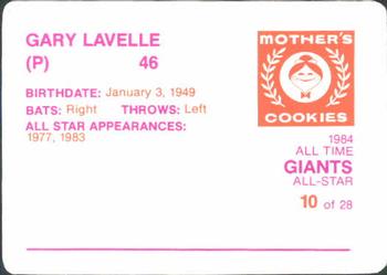 1984 Mother's Cookies San Francisco Giants #10 Gary Lavelle Back