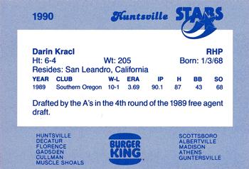 1990 Burger King Huntsville Stars #NNO Darin Kracl Back