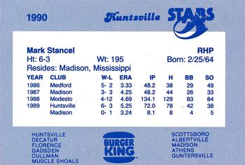 1990 Burger King Huntsville Stars #NNO Mark Stancel Back