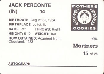 1984 Mother's Cookies Seattle Mariners #15 Jack Perconte Back