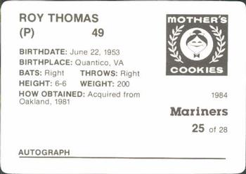 1984 Mother's Cookies Seattle Mariners #25 Roy Thomas Back