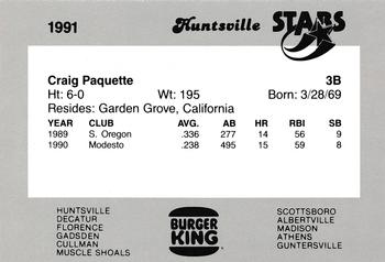 1991 Burger King Huntsville Stars #NNO Craig Paquette Back