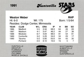 1991 Burger King Huntsville Stars #NNO Weston Weber Back