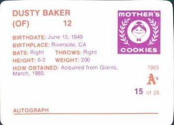 1985 Mother's Cookies Oakland Athletics #15 Dusty Baker Back