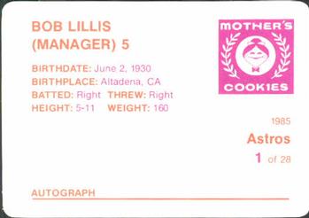 1985 Mother's Cookies Houston Astros #1 Bob Lillis Back