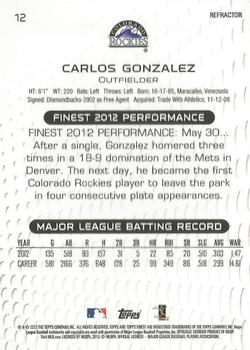 2013 Finest - Refractors #12 Carlos Gonzalez Back
