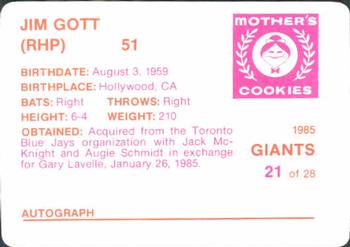 1985 Mother's Cookies San Francisco Giants #21 Jim Gott Back