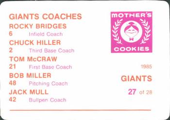 1985 Mother's Cookies San Francisco Giants #27 Giants' Coaches (Bob Miller / Tom McCraw / Chuck Hiller / Jack Mull / Rocky Bridges) Back