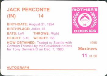 1985 Mother's Cookies Seattle Mariners #11 Jack Perconte Back