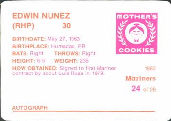 1985 Mother's Cookies Seattle Mariners #24 Edwin Nunez Back