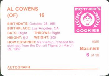 1985 Mother's Cookies Seattle Mariners #6 Al Cowens Back