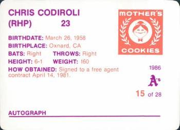 1986 Mother's Cookies Oakland Athletics #15 Chris Codiroli Back