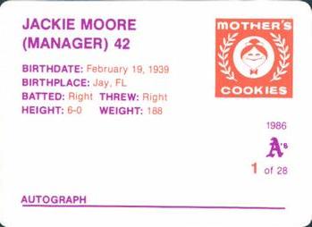 1986 Mother's Cookies Oakland Athletics #1 Jackie Moore Back