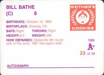 1986 Mother's Cookies Oakland Athletics #23 Bill Bathe Back