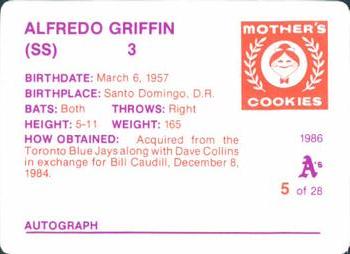1986 Mother's Cookies Oakland Athletics #5 Alfredo Griffin Back