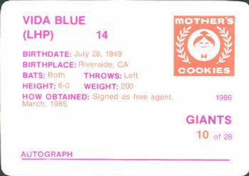 1986 Mother's Cookies San Francisco Giants #10 Vida Blue Back