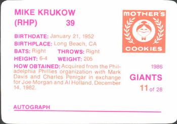 1986 Mother's Cookies San Francisco Giants #11 Mike Krukow Back