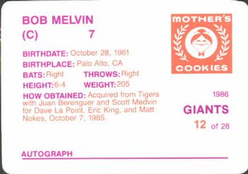 1986 Mother's Cookies San Francisco Giants #12 Bob Melvin Back
