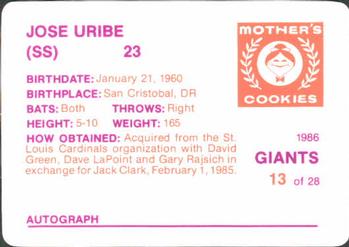 1986 Mother's Cookies San Francisco Giants #13 Jose Uribe Back