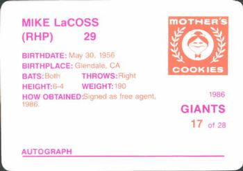1986 Mother's Cookies San Francisco Giants #17 Mike LaCoss Back