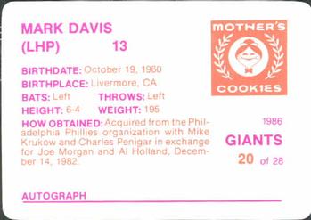 1986 Mother's Cookies San Francisco Giants #20 Mark Davis Back