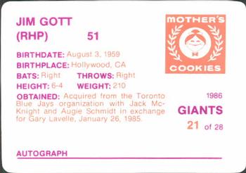 1986 Mother's Cookies San Francisco Giants #21 Jim Gott Back